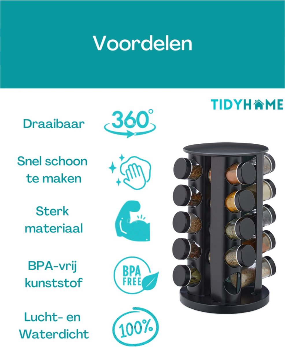  TidyHome Kruidenrek Draaibaar - Kruidenpotjes - Kruiden Carrousel - 20 Kruidenpotjes - Zwart - RVS - Draaibaar - Aanrecht Organizer - Inclusief Labels, Pen En Trechter - Keuken Organizer
