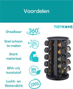  TidyHome Kruidenrek Draaibaar - Kruidenpotjes - Kruiden Carrousel - 20 Kruidenpotjes - Zwart - RVS - Draaibaar - Aanrecht Organizer - Inclusief Labels, Pen En Trechter - Keuken Organizer