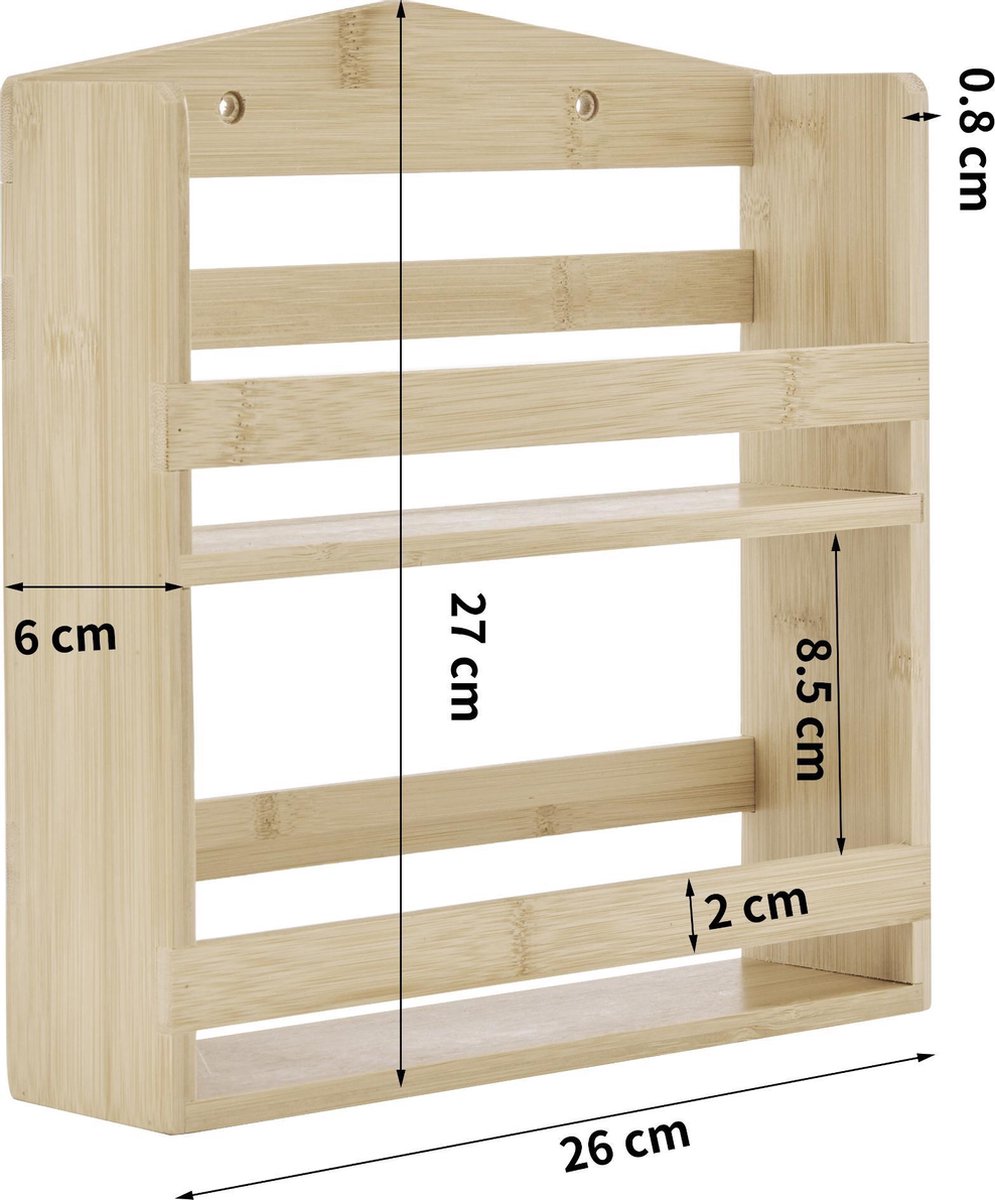  ACAZA Ophangbaar Kruidenrek Met 10 Glazen Kruidenpotjes, Spice Rack, Keuken Rek, Kruiden Organizer Voor Specerijen, Peper, Zout, 26 Cm Breed, Bamboe