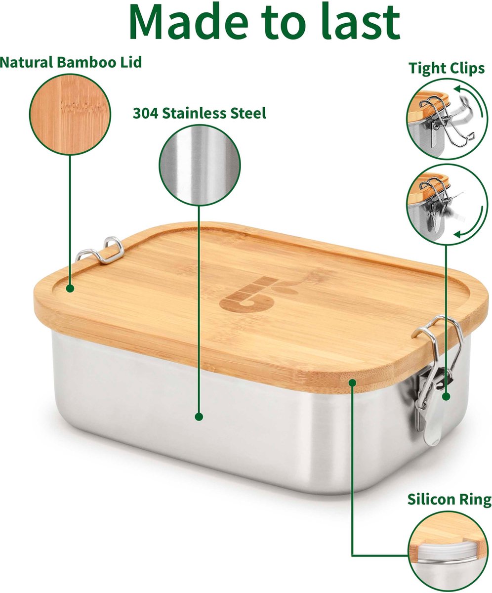  Bamboe Lunch Box 1400 Ml | Broodbox | Ecologisch | Roestvrijstalen Lunchbox | Bentobox No Leak | Smaakloos | Bamboe Grote Broodtrommel | Lunchbox Volwassenen | Lunchbox RVS Bamboe | Bambaw